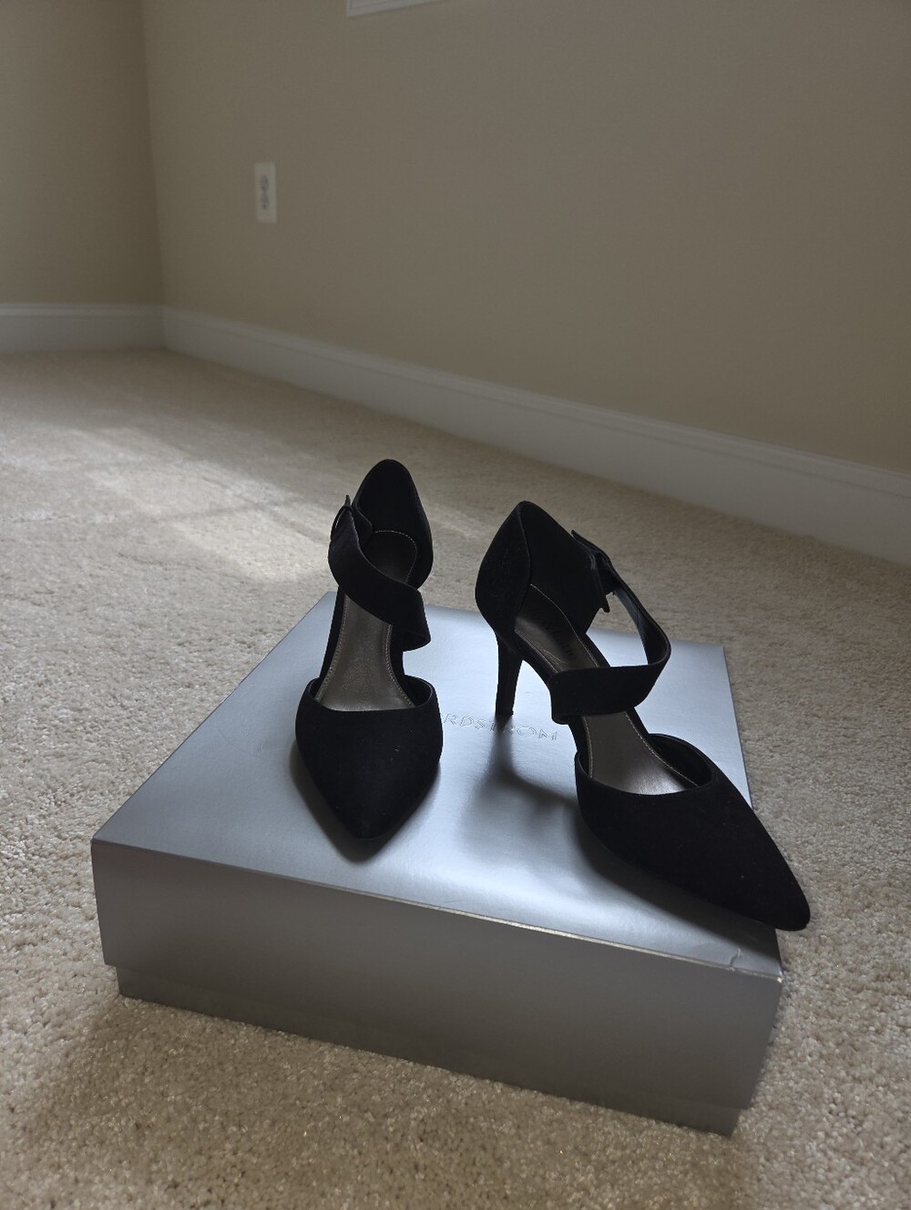 Kelly & Katie Black Suede Pointed-Toe Ankle-Strap Heels